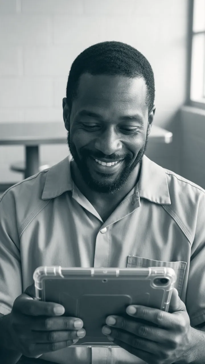 A man smiling as he reads a lesson on a tablet.
