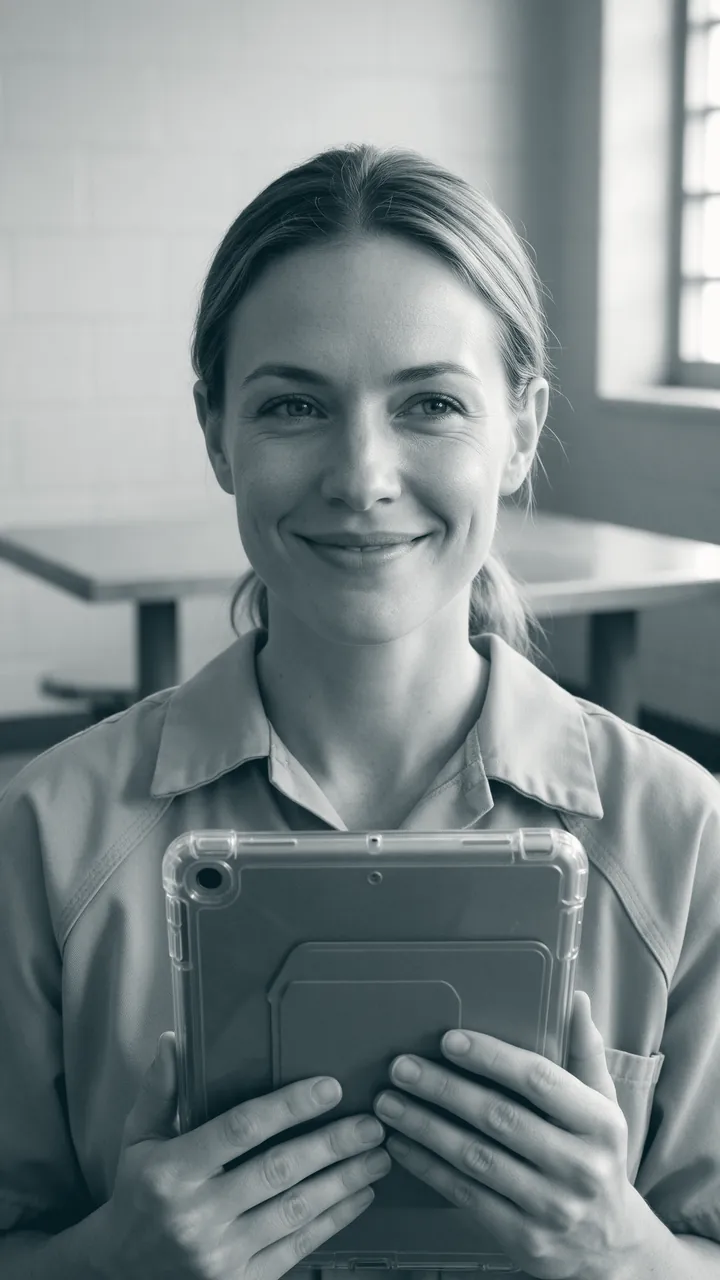 A woman holding a tablet and smiling.